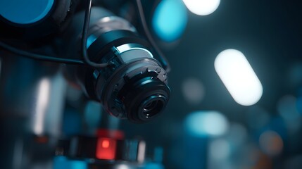 A  shot displays a detailed mechanical device with intricate components and a focus on cylindrical, metallic elements, highlighted by a vibrant red light.