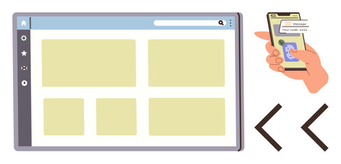 Tablet screen showing web layout with menu and icons alongside hand holding smartphone with messaging app. Ideal for technology, web design, UX, interactivity, mobile development, communication