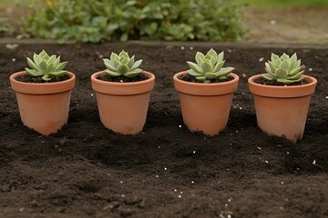 Fototapeta premium Four Succulents in Terracotta Pots Planted in Soil