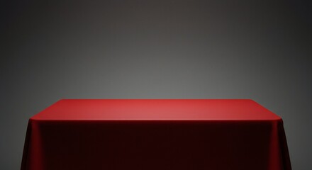 Obraz premium A red tablecloth drapes over a simple table, set against a gradient gray background. The scene is minimalistic and devoid of additional objects.
