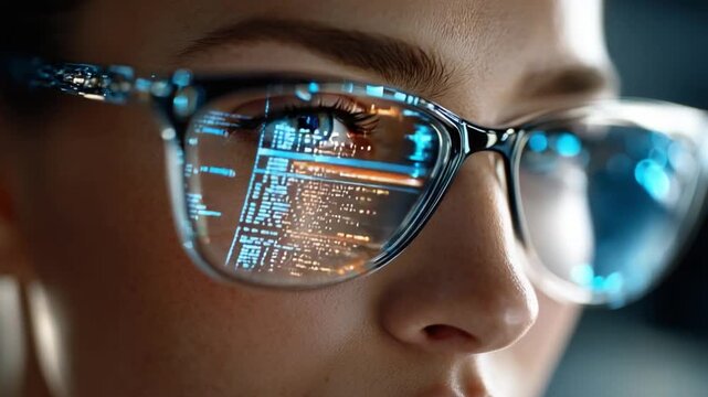 Digital Gaze: A close-up perspective of a person wearing smart glasses, the lenses reflecting complex digital interfaces. Exploring the fusion of technology and human perception.