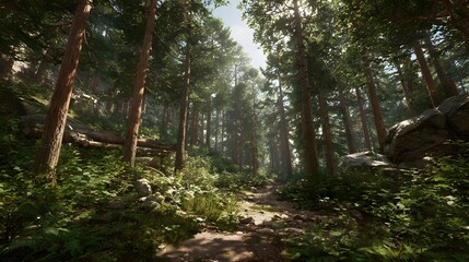 Obraz premium Sunlight filters through tall, slender pine trees, illuminating a winding dirt path in a lush, green forest, creating a serene and natural landscape scene of wilderness.