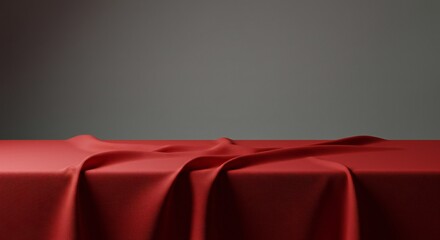 A red tablecloth draped elegantly over a table against a muted gray background. The fabric displays soft folds and shadows, emphasizing its texture.