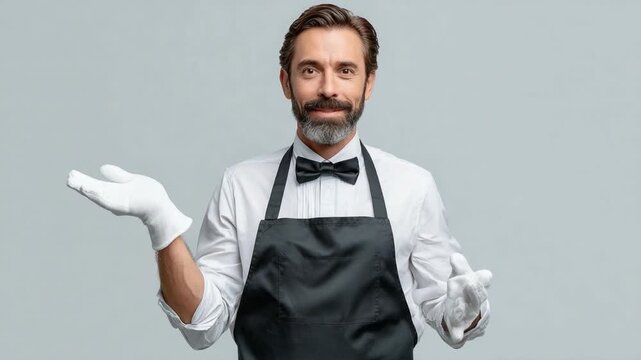 Polished Service: A distinguished waiter, impeccably dressed in a crisp uniform with white gloves and bow tie, extends a welcoming gesture.