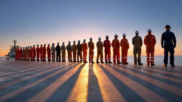 Team of Professionals: An impressive row of dedicated professionals, silhouetted against a vibrant sunrise, stands poised on a ship deck, their shadows cast long, ready to face the day.