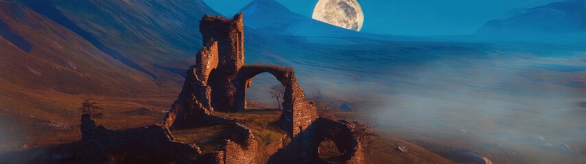 Fantasy landscape with ancient ruins and moon in the evening sky