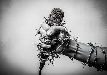 Barbed Wire Constricting Microphone Symbolizing Censorship and Suppression of Free Speech