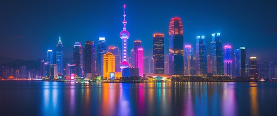 Fototapeta premium a metropolis with towering skyscrapers lit up in various colors