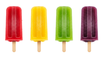 Assortment of vibrant fruit-flavored popsicles on sticks, a refreshing summer treat. Isolated on transparent background, png