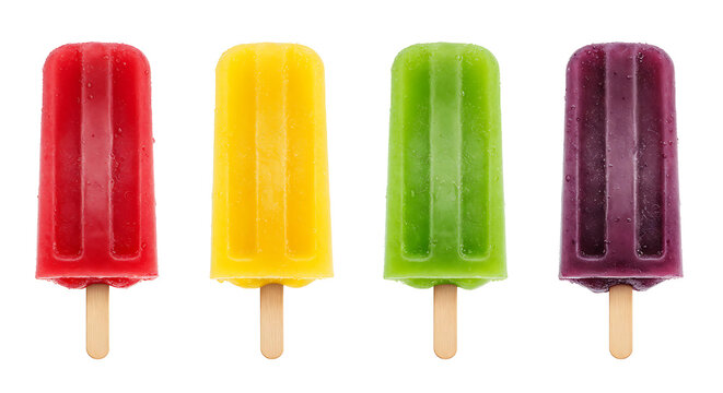 Assortment of vibrant fruit-flavored popsicles on sticks, a refreshing summer treat. Isolated on transparent background, png