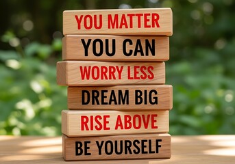 Inspiring wooden blocks stack with motivational phrases for a positive outlook