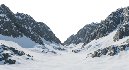 Pristine Winter Mountain Valley Landscape with Snow-Capped Peaks. Isolated on transparent background, png