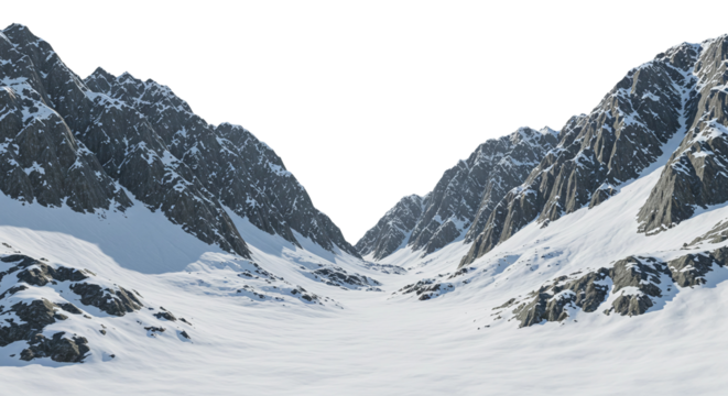 Pristine Winter Mountain Valley Landscape with Snow-Capped Peaks. Isolated on transparent background, png