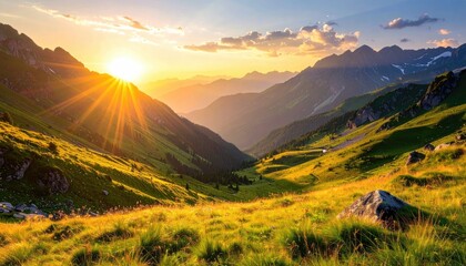 Majestic Mountain Valley Under Golden Sunset Light with Clouds and Lush Green Meadow Grassy Valley and Sun Starburst Above Mountain Range