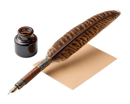 Quill pen ink bottle blank paper vintage writing feather calligraphy brown elegant classic antique style create nostalgic and creative atmosphere for traditional correspondence
