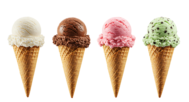 Colorful Scoops of Delicious Ice Cream in Waffle Cones. Isolated on transparent background, png