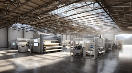 Industrial manufacturing facility interior showcases large machines, displaying advanced technology in a spacious, well-lit environment, featuring metallic hues and the open sky with mountain...
