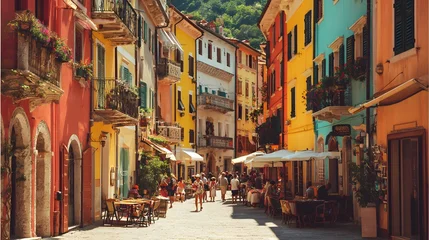Wandcirkels Smal steegje Picturesque narrow street lined with vibrant, colorful buildings, featuring sidewalk cafes and pedestrians, bathed in bright sunlight, creating a lively and inviting atmosphere with a backdrop of...  © Jojo*