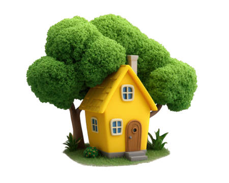 Yellow house model with brown door and windows, surrounded by green trees and grass, cheerful and inviting, isolated on transparency background, cozy home design - Powered by Adobe