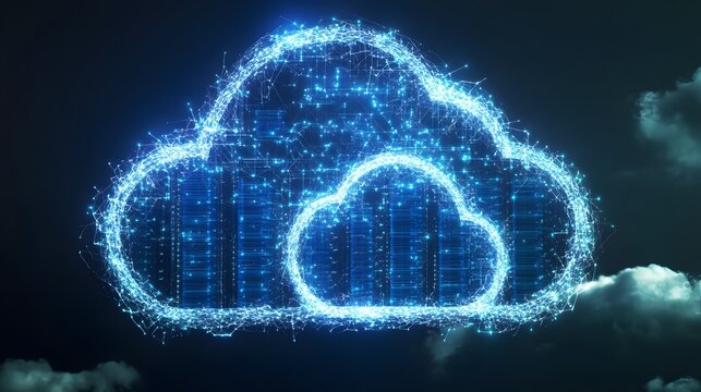 Glowing blue cloud network with data streams and cloudy sky background