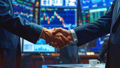 Close-up Handshake in Stock Trading Room, Financial Agreement, Business Deal.