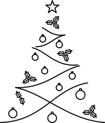 Minimalist black and white line drawing of a decorated Christmas tree with holly vector illustration
