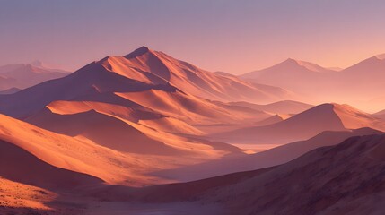 Majestic mountain ranges stretch across the landscape under a soft, dusky sky, bathed in warm hues of orange and purple; the composition creates a serene and ethereal ambiance, evoking a sense of...