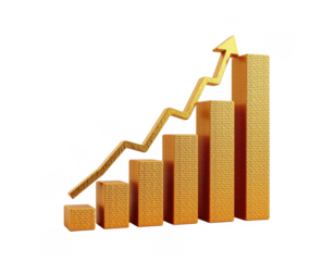 3D golden bar graph with ascending dotted arrow chart depicting growth progress analytics and financial success, business performance trends illustration