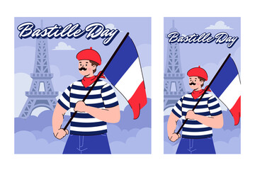 Bastille Day Celebration Illustration with French Man in Striped Shirt Eiffel Tower and French Flag in Blue White and Red Colors on Transparent Background