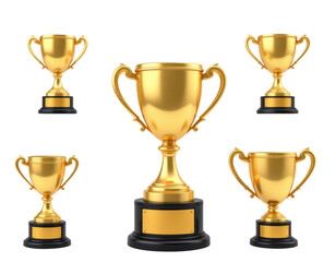 Collection of five shiny gold trophies with black bases arranged in a balanced formation on a white background, symbolizing achievement, victory, and success