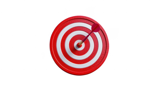 Close-up of a red and white concentric with a dart hitting the bullseye symbolizing precision accuracy and goal achievement concept