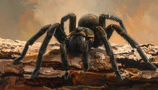 Detailed Illustration of a Tarantula Spider on a Piece of Wood