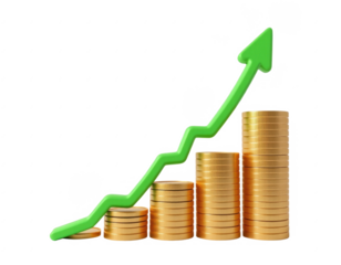 Increasing financial growth concept with stacked gold coins and a rising green arrow showing upward market trend and successful investment growth in business