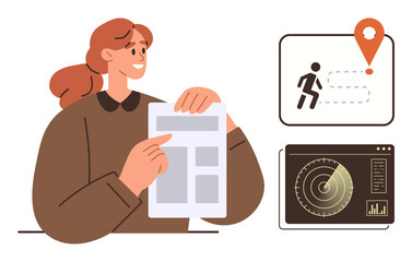 Woman holding a document, studying data and diagrams. Nearby are digital displays showing a route, location pin, and radar graph. Ideal for analytics, planning, navigation, tracking strategy