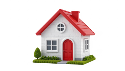 Modern small white house with a red roof and door, surrounded by green grass and trees, showcasing a cozy and picturesque residential home exterior design