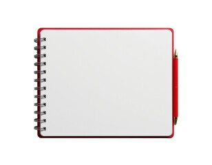 Open blank notebook with spiral binding and red border accompanied by a matching red pen on a plain white background for writing, note taking, and journaling purposes