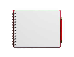 Open blank notebook with spiral binding and red border accompanied by a matching red pen on a plain white background for writing, note taking, and journaling purposes