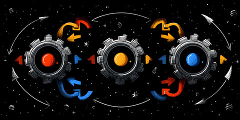 A colorful, abstract depiction of planetary gears surrounded by arrows, set against a starry background, evoking themes of space and movement.