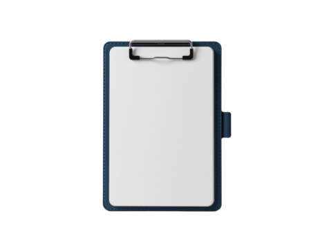 Modern blank clipboard with metal clip and textured navy blue frame for office, school, or professional use isolated on white background