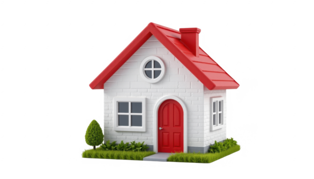 Modern small white house with a red roof and door, surrounded by green grass and trees, showcasing a cozy and picturesque residential home exterior design