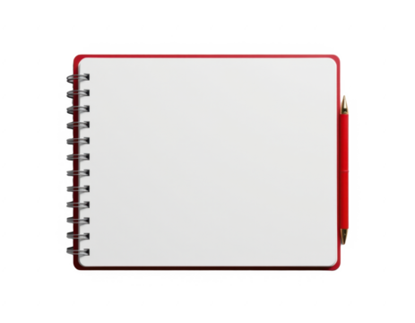 Open blank notebook with spiral binding and red border accompanied by a matching red pen on a plain white background for writing, note taking, and journaling purposes