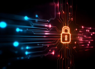 A glowing padlock symbol at the center, surrounded by vibrant blue and pink digital circuit lines on a dark background, representing cybersecurity and protection.
