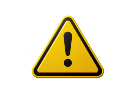 Warning sign icon with yellow triangle and black exclamation mark symbol for caution hazard alert safety reminder or warning instruction