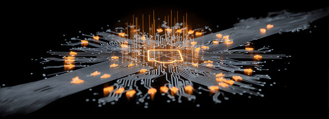 A futuristic circuit board design showcasing a central processor with glowing elements, symbolizing technology and connectivity.