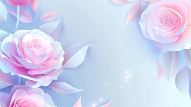 Elegant pink paper art roses with blue and pink leaves move across a light blue background, a dreamy floral flourish video