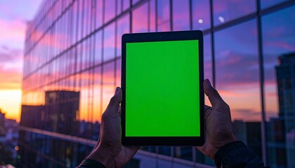 Hands holding a tablet with a green screen against a modern glass building reflecting a vibrant sunset sky