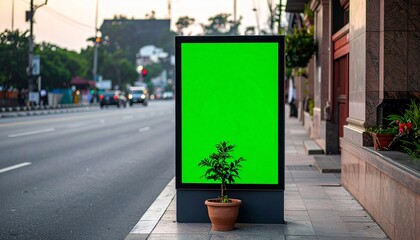 Vertical Green Screen Billboard on Urban Sidewalk with Potted Plant and Blurred Street