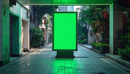 Green Screen Billboard in Lush Urban Alleyway with Tropical Plants