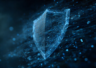 A digital shield glows in blue tones, surrounded by particles, symbolizing protection and cybersecurity.
