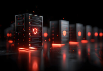 A glowing array of server towers with red accents, set against a dark background, showcasing a futuristic tech environment.